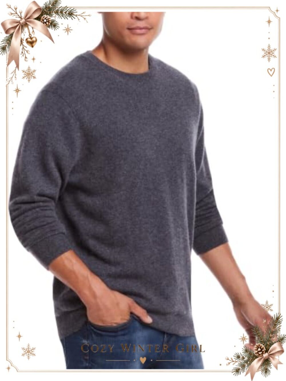100% Pure Cashmere Men's Crew Neck Pullover Sweater Long Sleeve